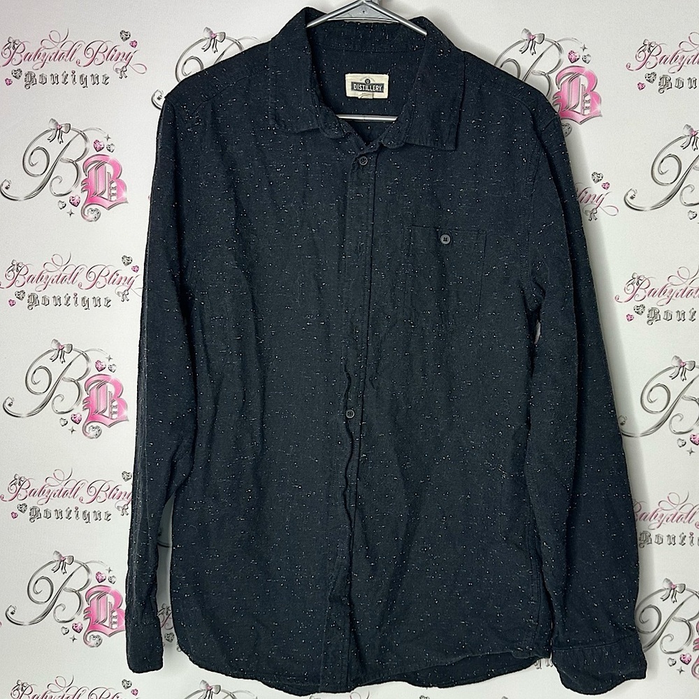 Distillery apparel button up speckle spotted shirt black grey white collared